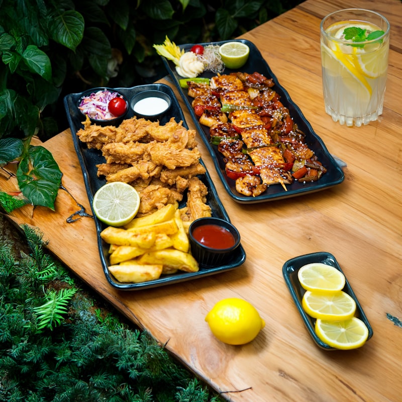 Family-style platters set out for sharing at the table
